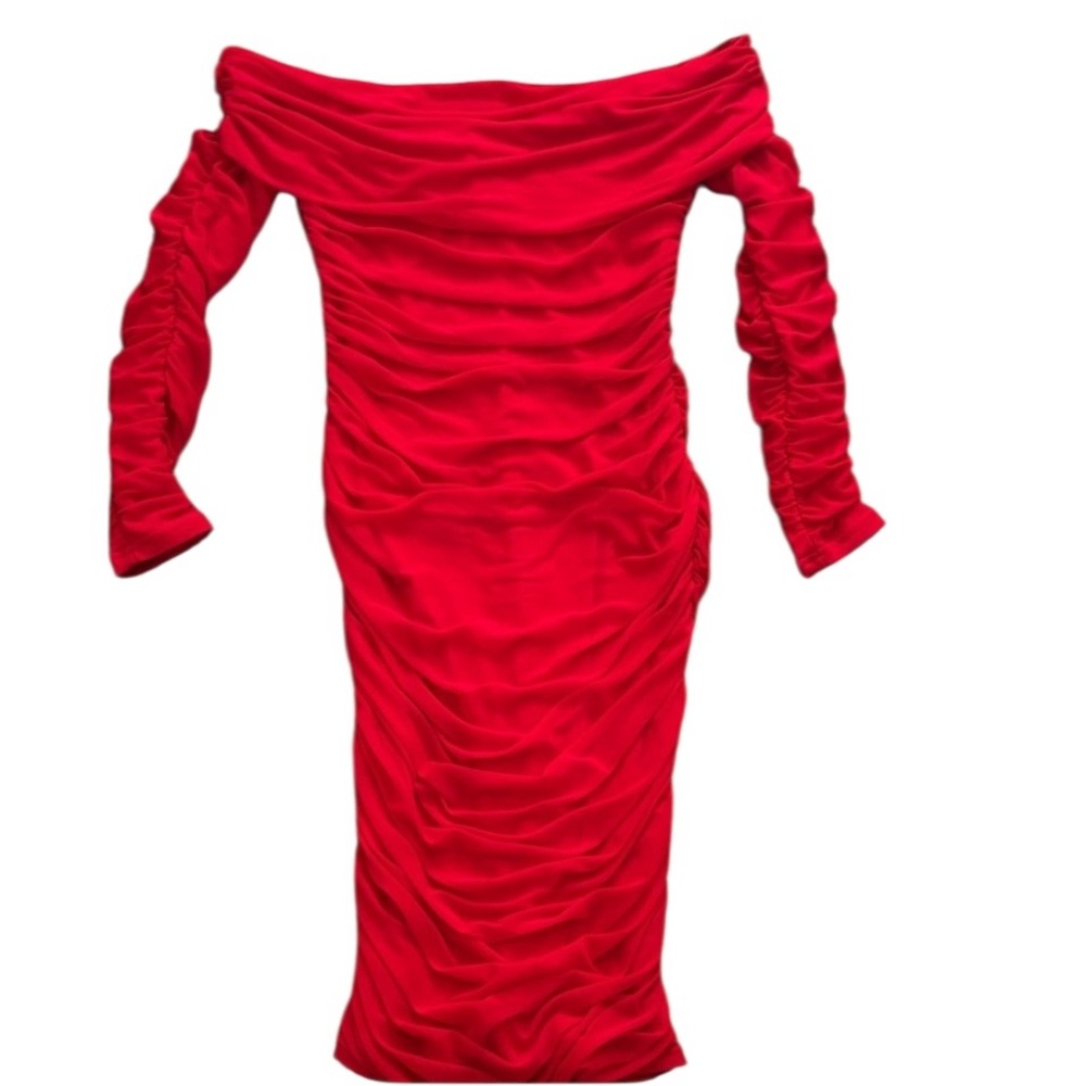 Red off shoulder dress shirred with mesh overlay size medium long sleeve